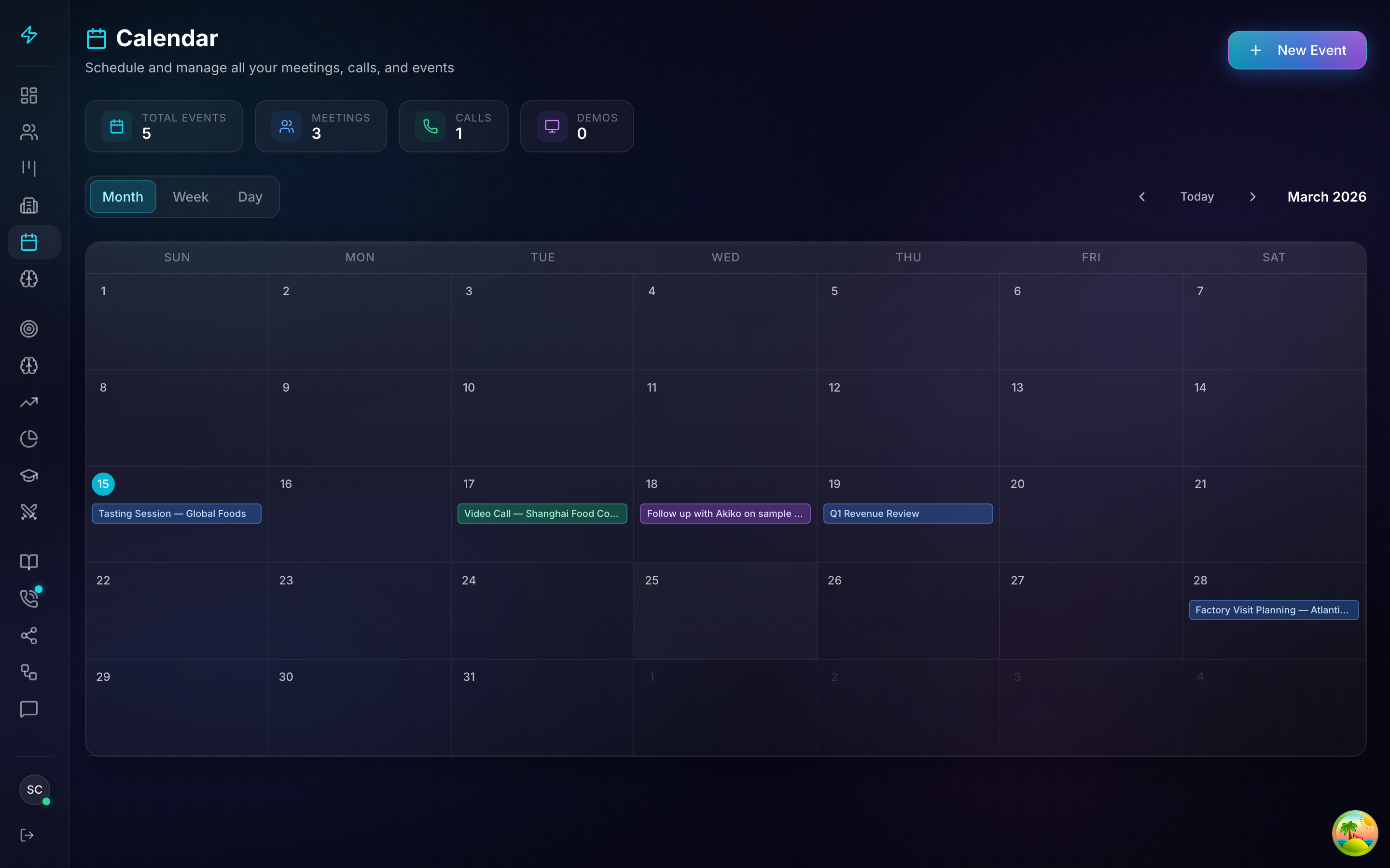 Clozo calendar view showing scheduled calls, meetings, follow-ups, and task deadlines in a unified timeline
