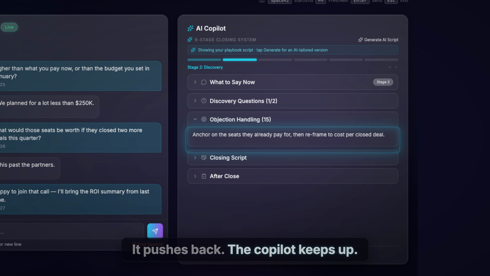Clozo coaching simulator showing the pre-call brief and a practice conversation with live AI feedback