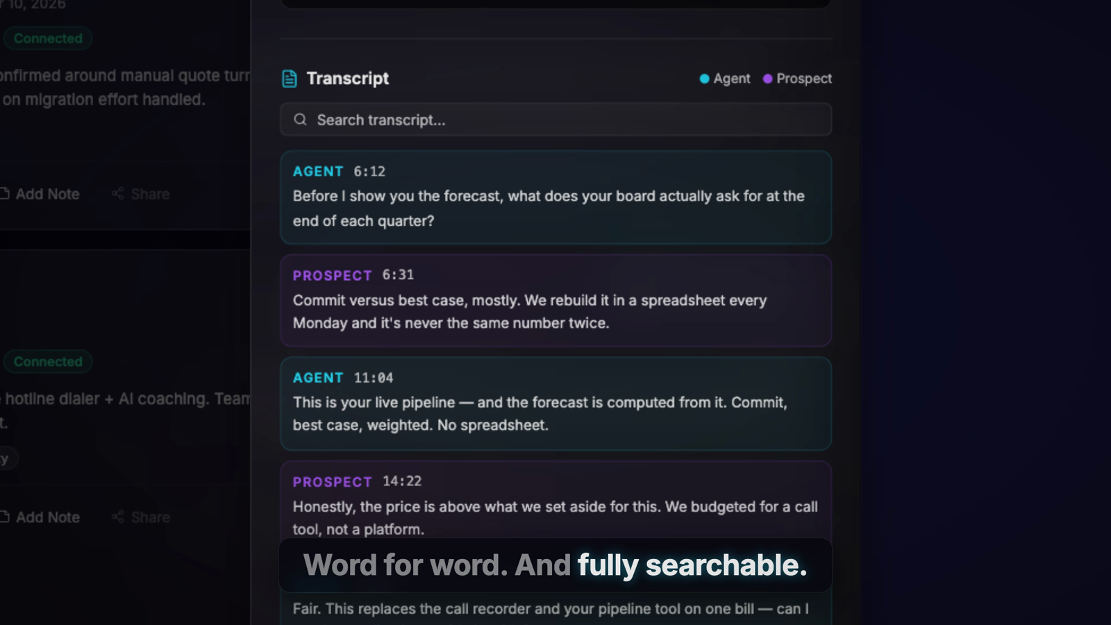 Clozo call library with a recorded call open, showing the timestamped transcript alongside an AI scorecard for the conversation