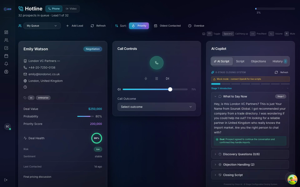 Clozo dialer showing food export-specific AI scripts with country-adapted talk tracks and certification responses