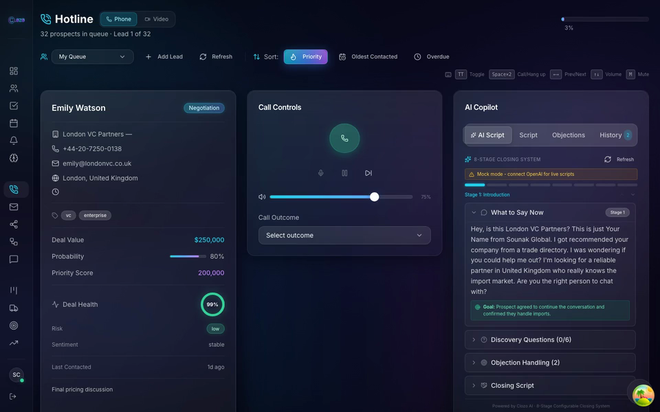 Clozo power dialer interface with AI call scripts real-time coaching and one-click calling