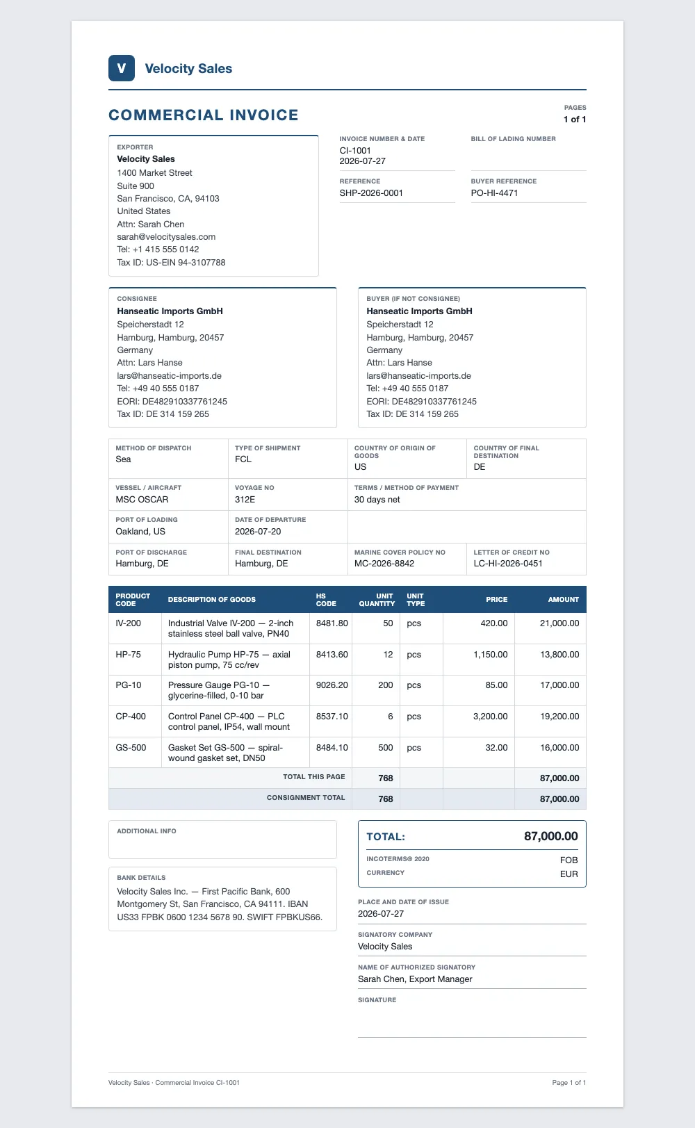 A Clozo commercial invoice PDF with exporter and consignee blocks, line items with HS codes, Incoterms and totals