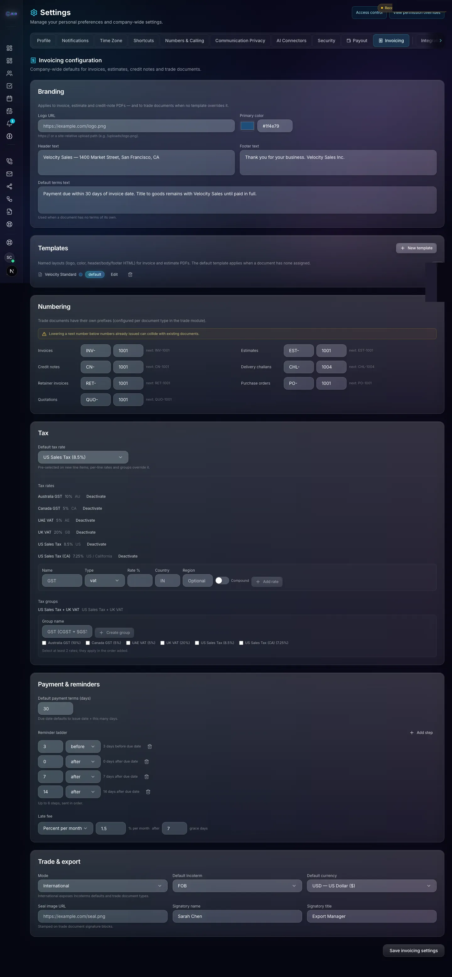 Clozo invoicing settings: branding, PDF templates, per-type numbering sequences, tax rates and groups, payment reminder ladder and trade defaults