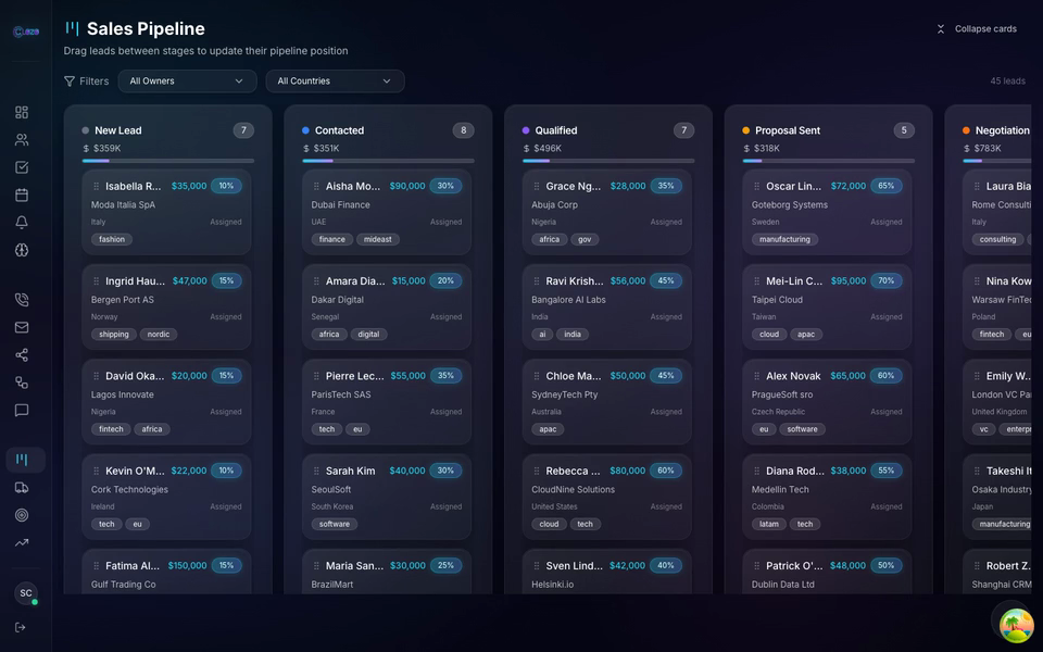 Clozo visual pipeline kanban board with drag-and-drop deal management