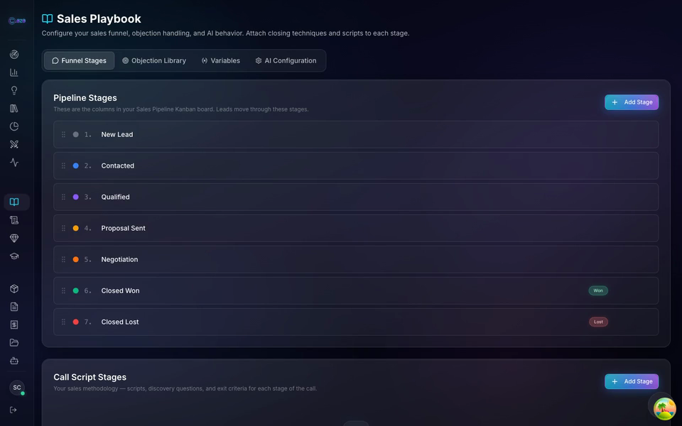 Clozo sales playbook configuration with stage-specific scripts and objection handling