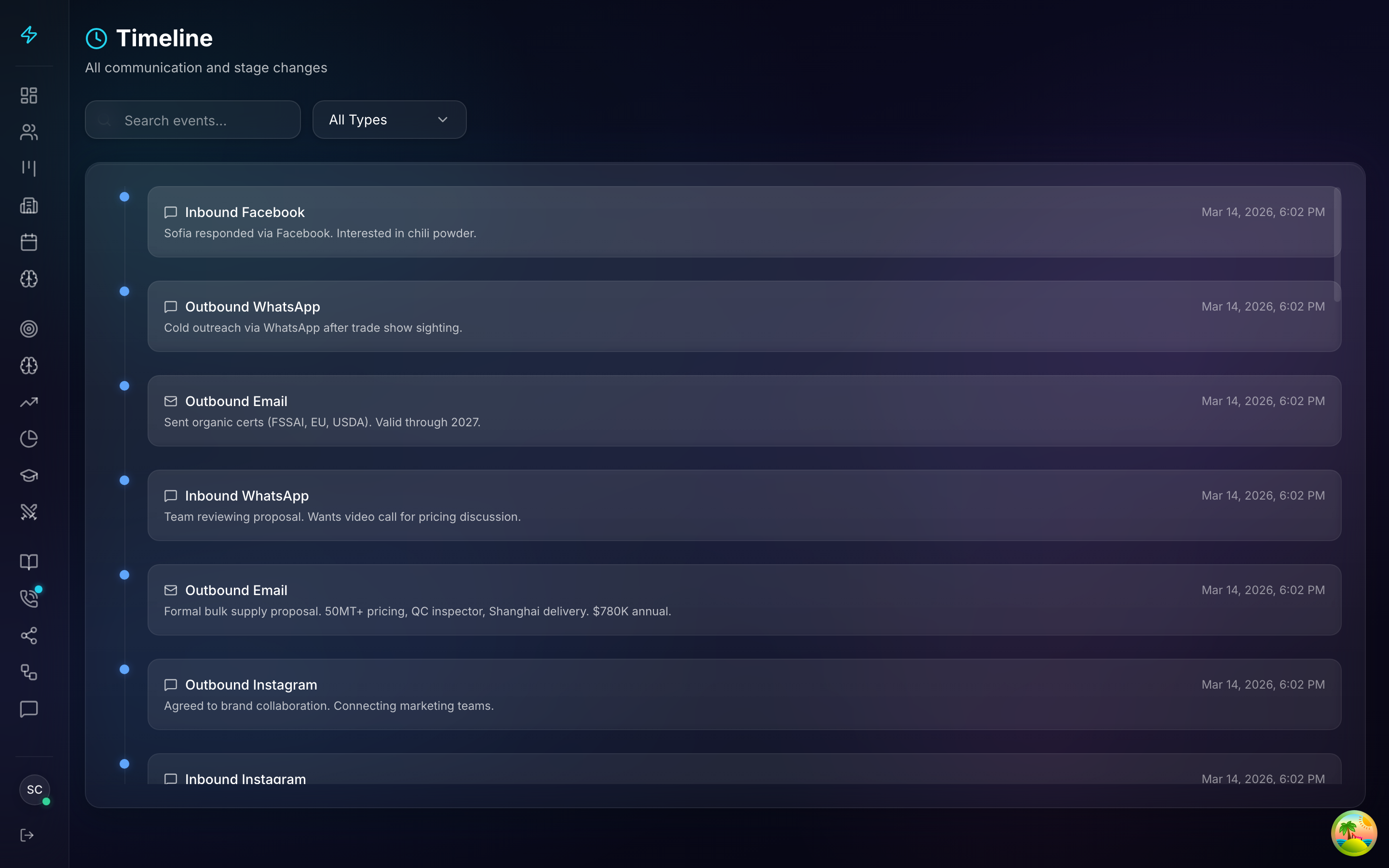 Clozo Unified Engagement timeline showing every interaction with a contact across LinkedIn, email, phone, WhatsApp, and Zoom in one chronological view