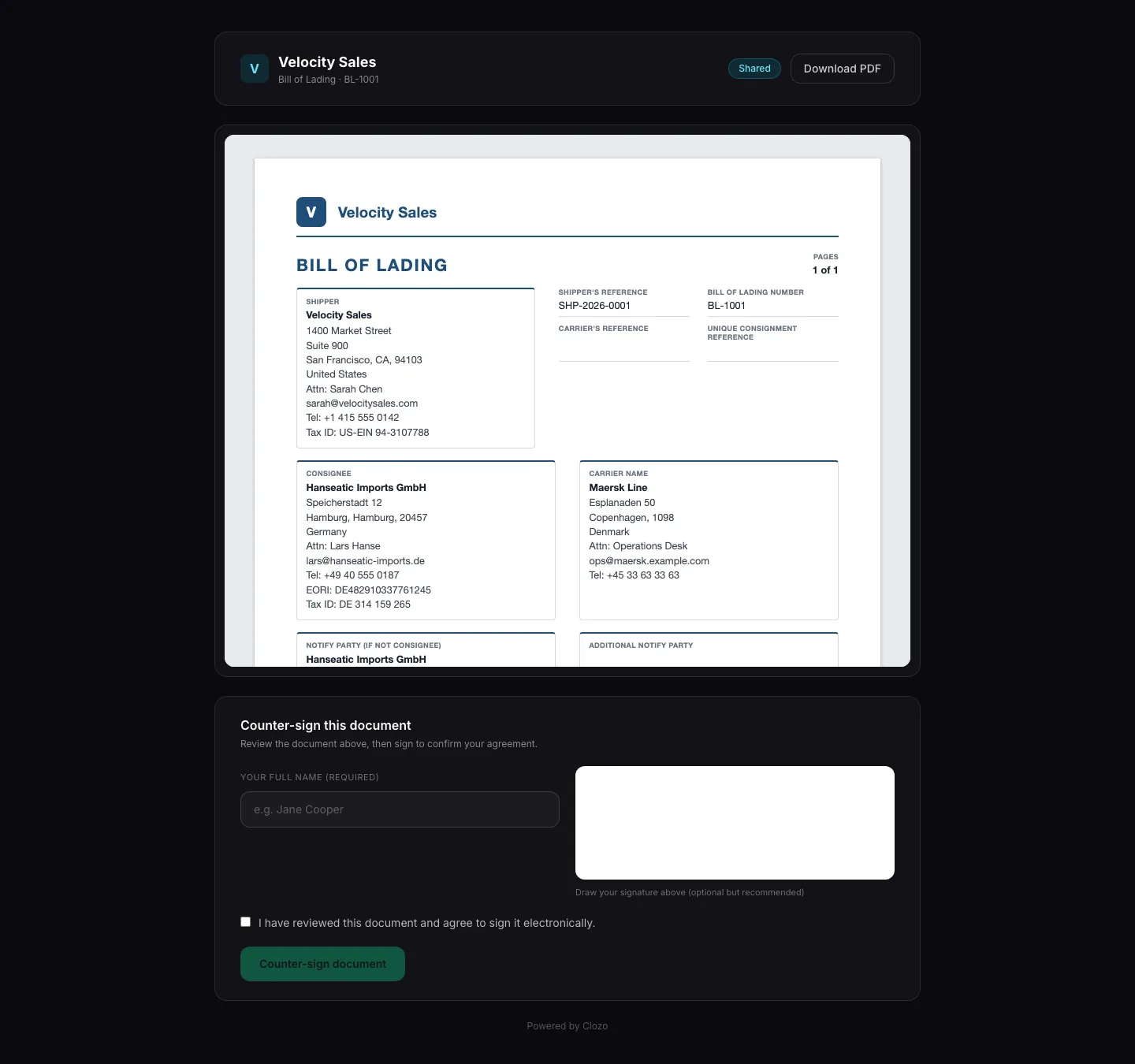 Public Clozo share page for a bill of lading with document preview, download PDF button and a counter-sign form with e-signature pad
